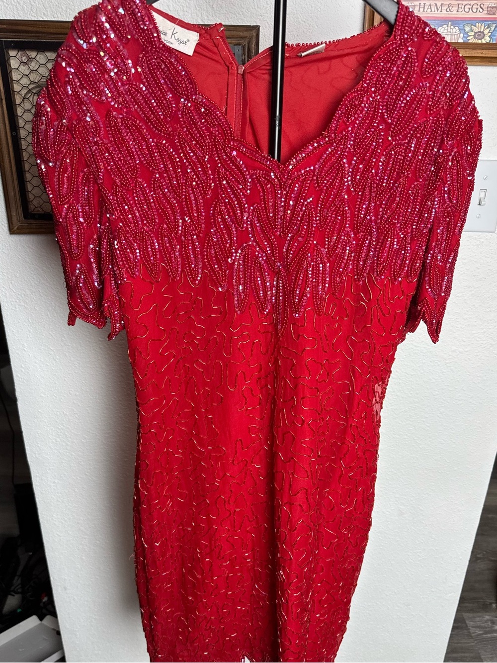 Vintage Laurence Kazar Red Beaded Midi Dress size XL 100 % Sikk